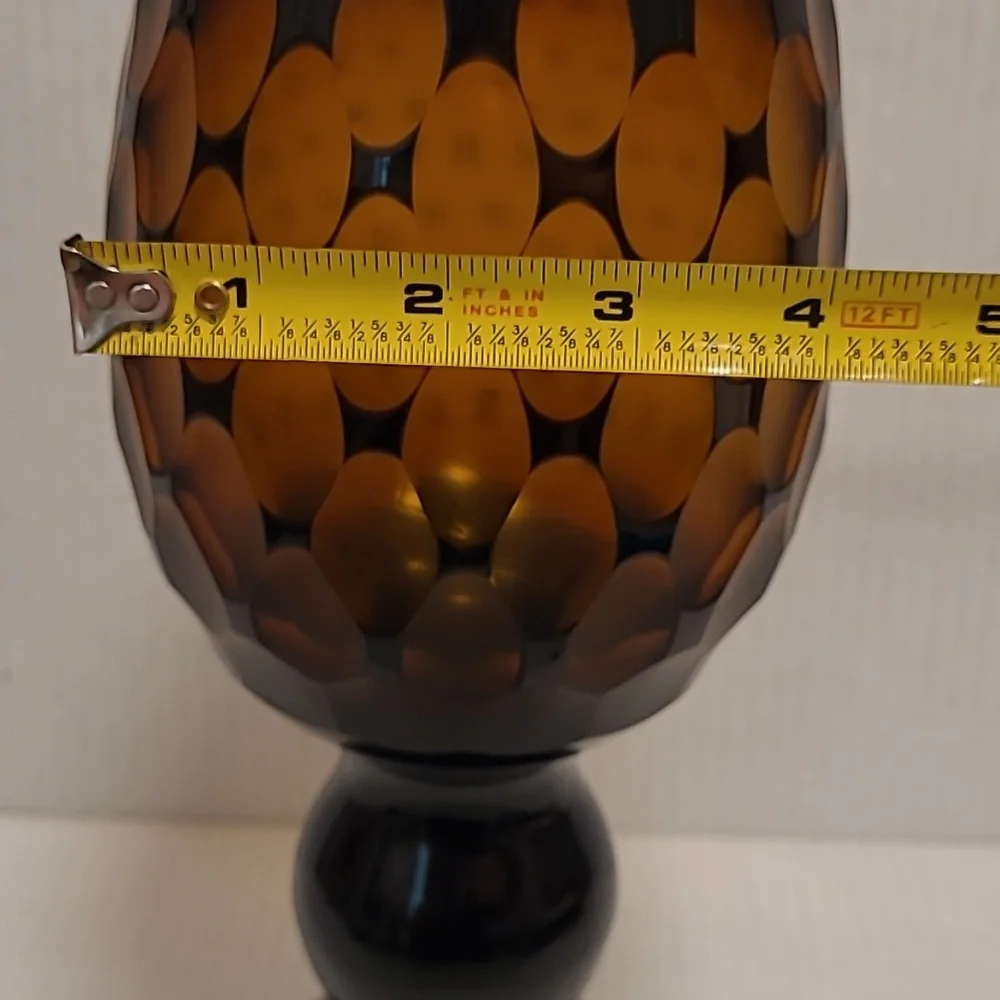 Vintage Murano Style Black Cut to Amber Vase / Candle Holder